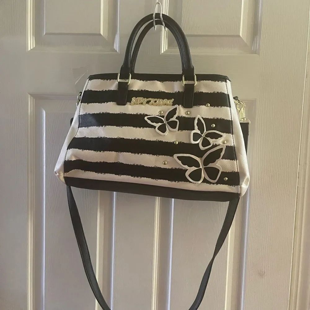Betsey Johnson Black & White Satchel/shoulder bag with butterfly & studs accents
